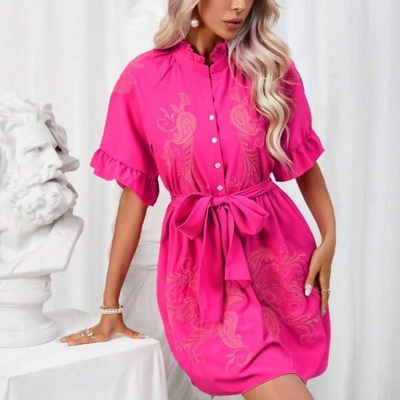 Pink Boho Womens Paisley Embroidery Flounce Sleeve Belted Shirt Dress - Picture 4 of 5